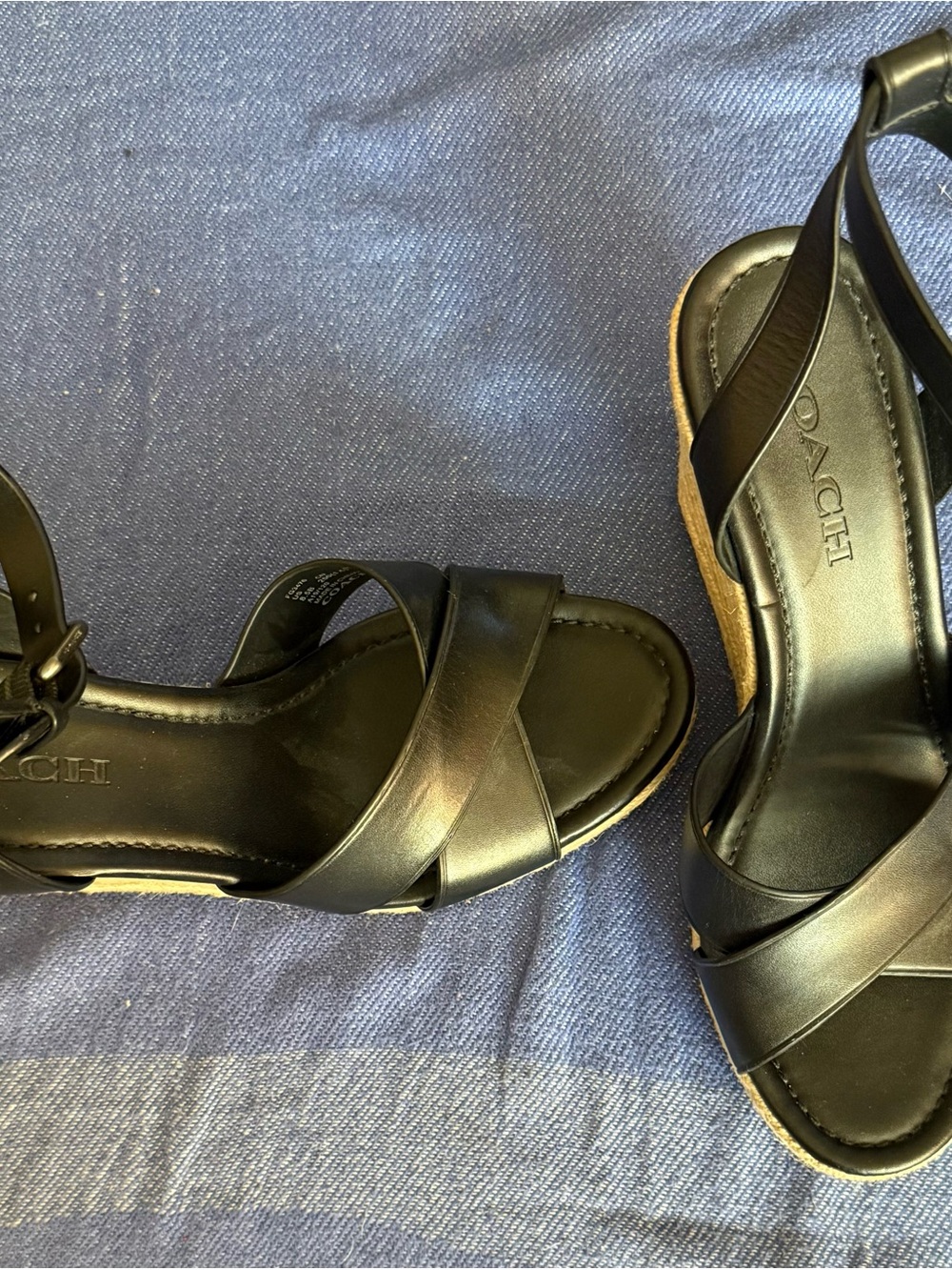 COACH Black Leather Espadrille Wedge Sandals - Picture 4 of 5